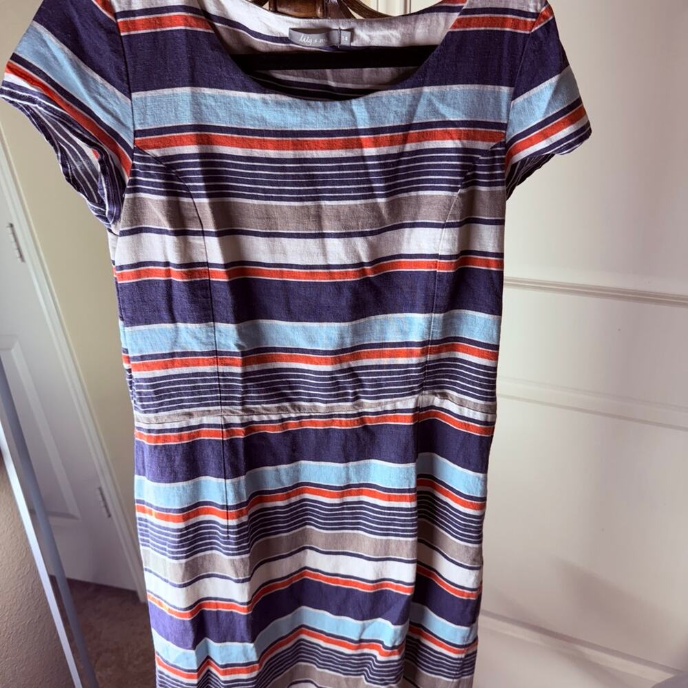 EUC- Lily & Me Striped Linen Blend Midi Dress - Blue, orange, White- Size Small
